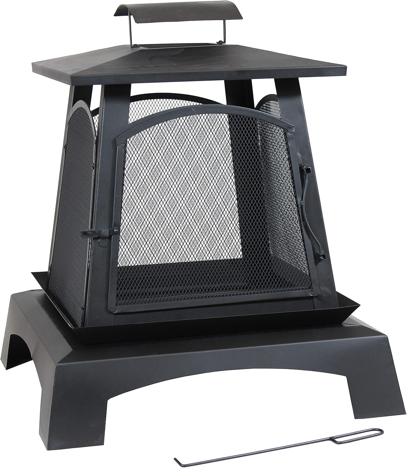 Sunnydaze 32-Inch Pagoda-Style Steel Wood-Burning Fire Pit with Log Grate and Poker - Black High-Temperature Paint Finish