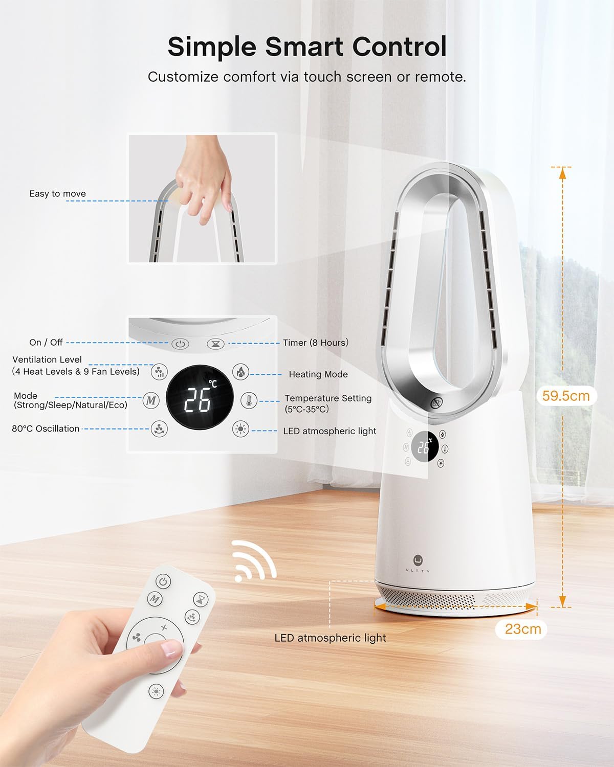 ULTTY Space Heater, Portable Electric Heaters and Cooler Fan Combo with Remote, 80°Oscillation, 9 Speeds, 3 Modes, 8 Timer, 6 Colors LED Light, Fast Safety Heat and Quiet for Office Bedroom Home