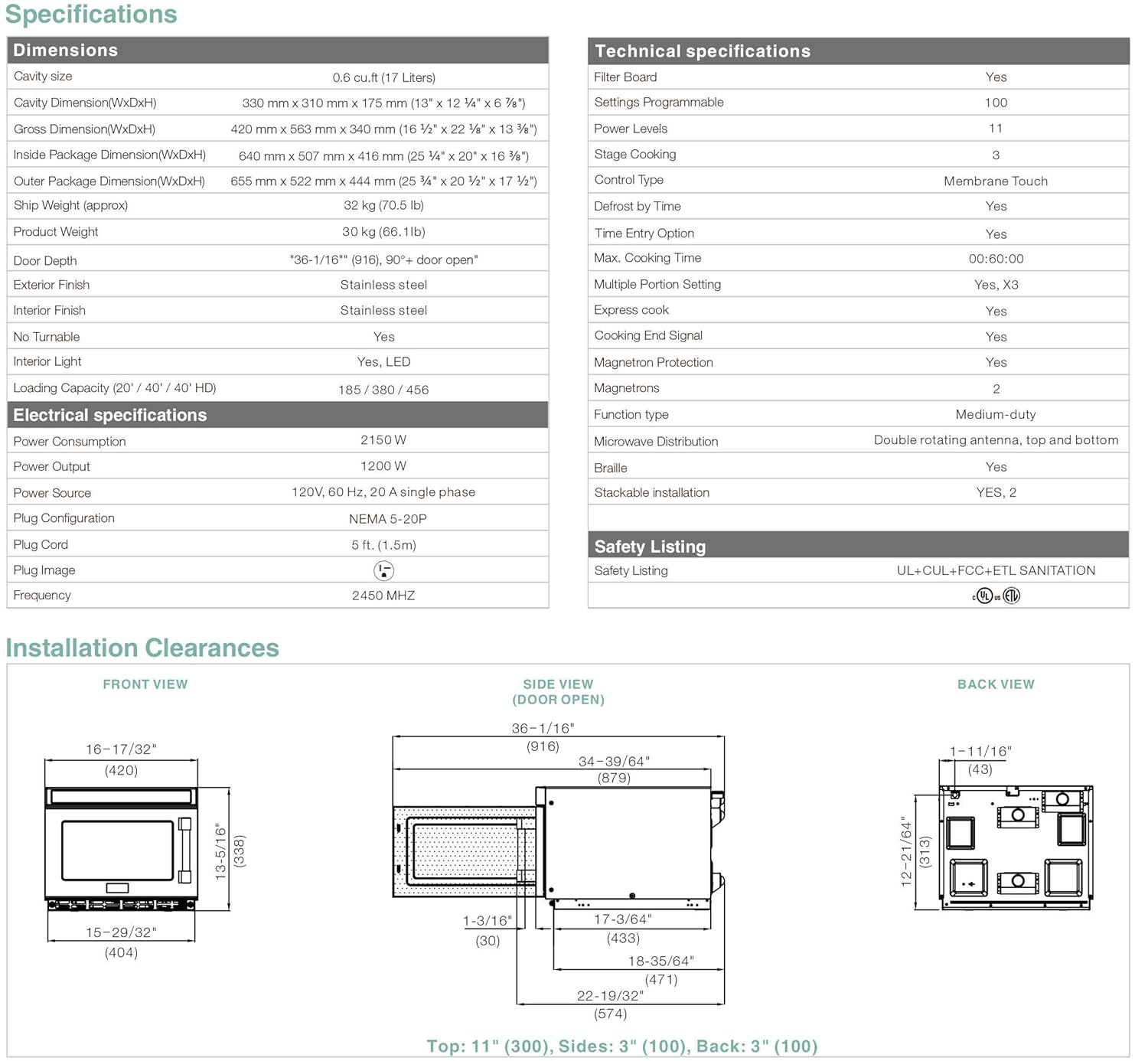 Midea Equipment 1217G1A Stainless Steel Stackable Commercial Microwave Oven, 1200W
