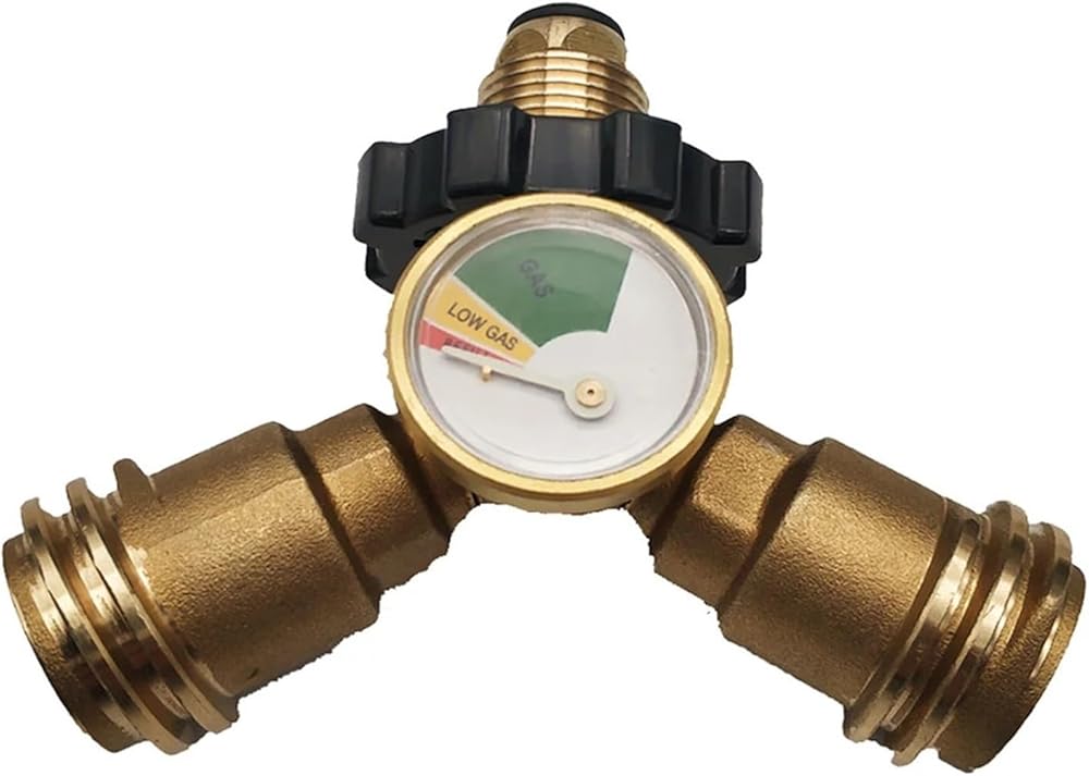 Brass 20-50 Lbs Propane Cylinder POL Type Connection Y-splitter Adapter with Gauge Meters for BBQ Grill Metal Connector Set stability