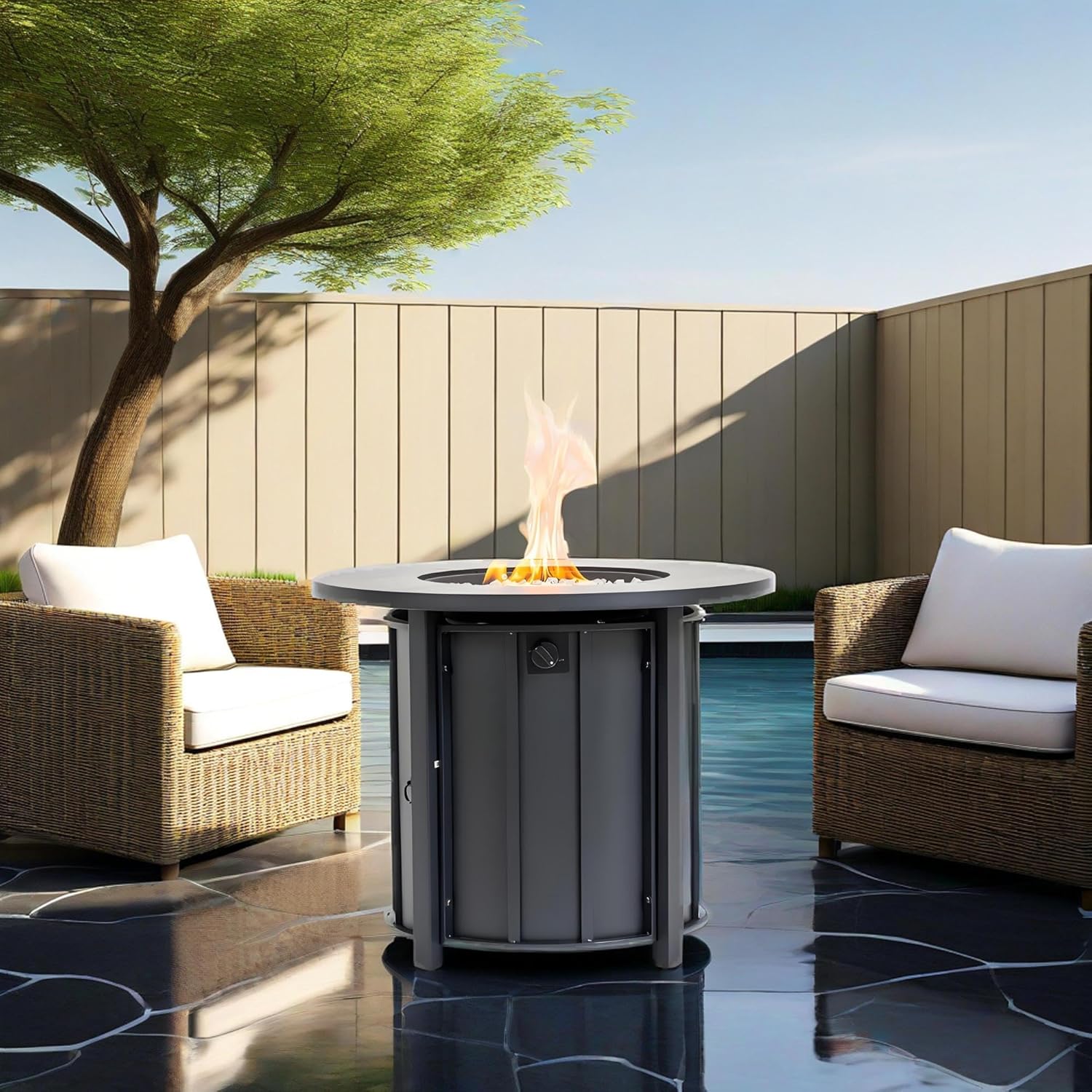 30 Inches Propane Fire Pit Table, 50,000 Btu Round Steel Outdoor Fire Pit with Wood Grain Ceramic Tabletop – Patio, Deck, Backyard (Black Brown)