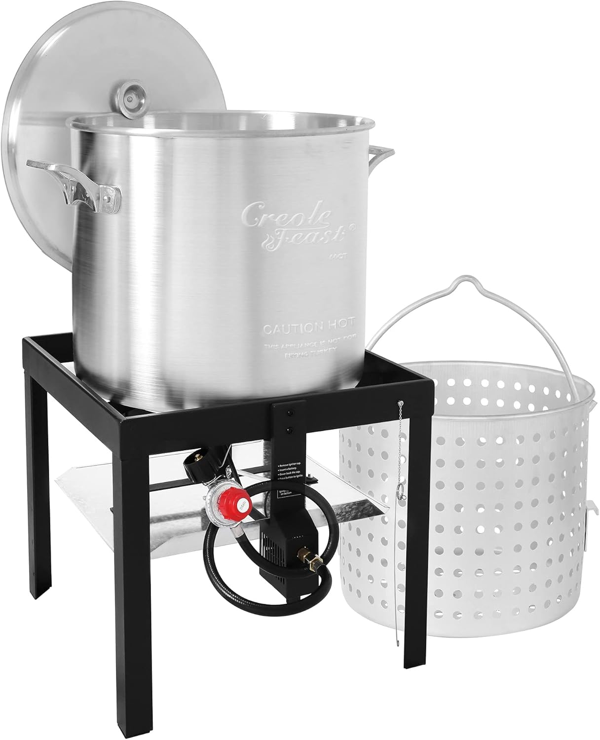 Creole Feast SBK0601 60 Qt. Seafood Boil Pot with Basket and Burner, Outdoor Aluminum Propane Boiler with 10 PSI Regulator, 100,000 BTU, Ideal for Cooking Crawfish, Crab, Shrimp, Fish