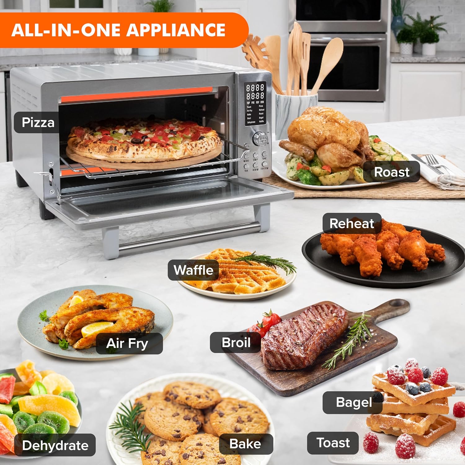 Nuwave Bravo Air Fryer Toaster Smart Oven, 10-in-1 Countertop Convection, 1800 Watts, 21-Qt Capacity, 50°-450°F Temp Controls, Top and Bottom Heater Adjustments 0%-100%, PFAS Free, Stainless Steel
