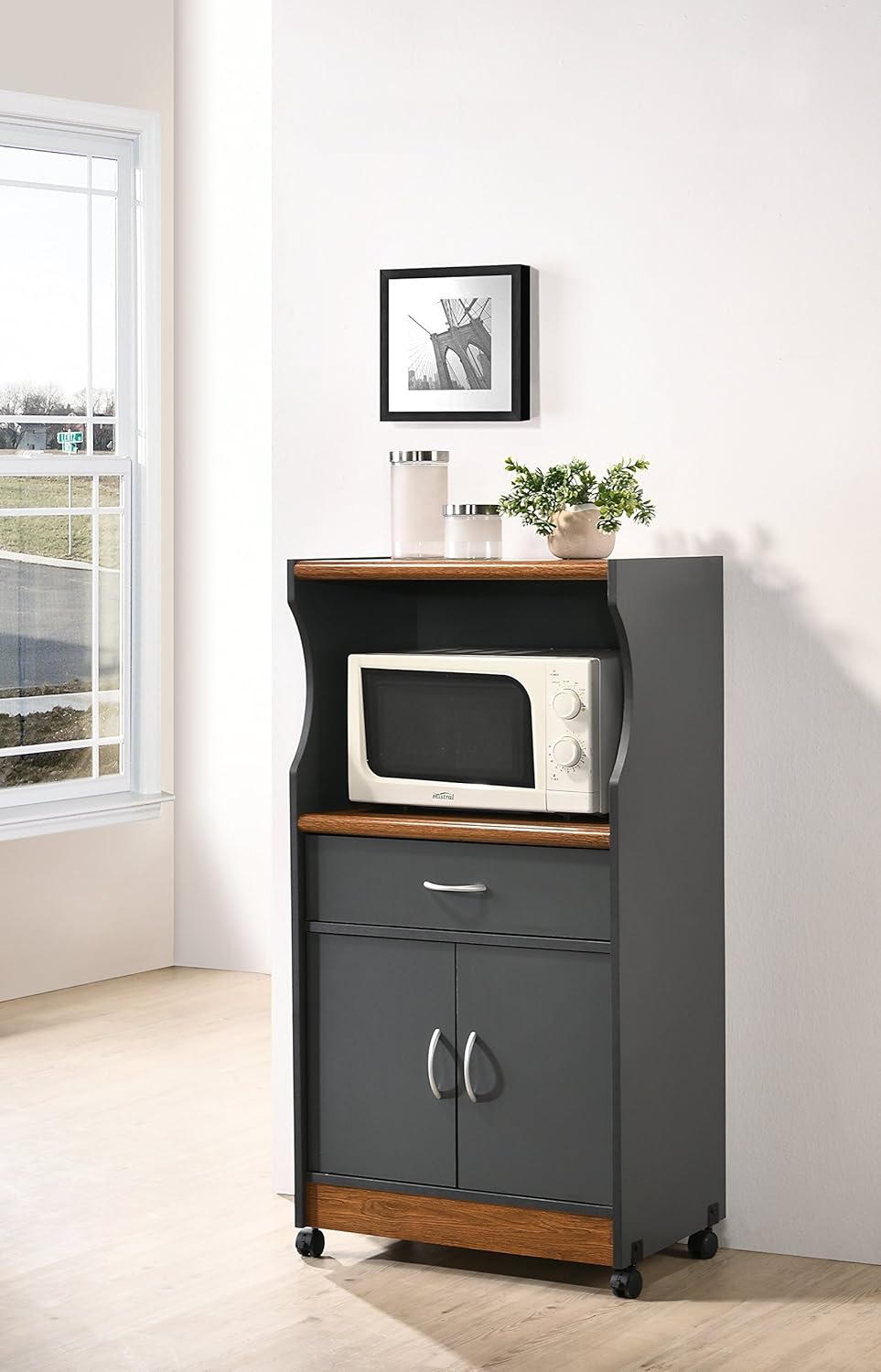 HODEDAH IMPORT Microwave Cart with One Drawer, Two Doors, and Shelf for Storage, Grey-Oak