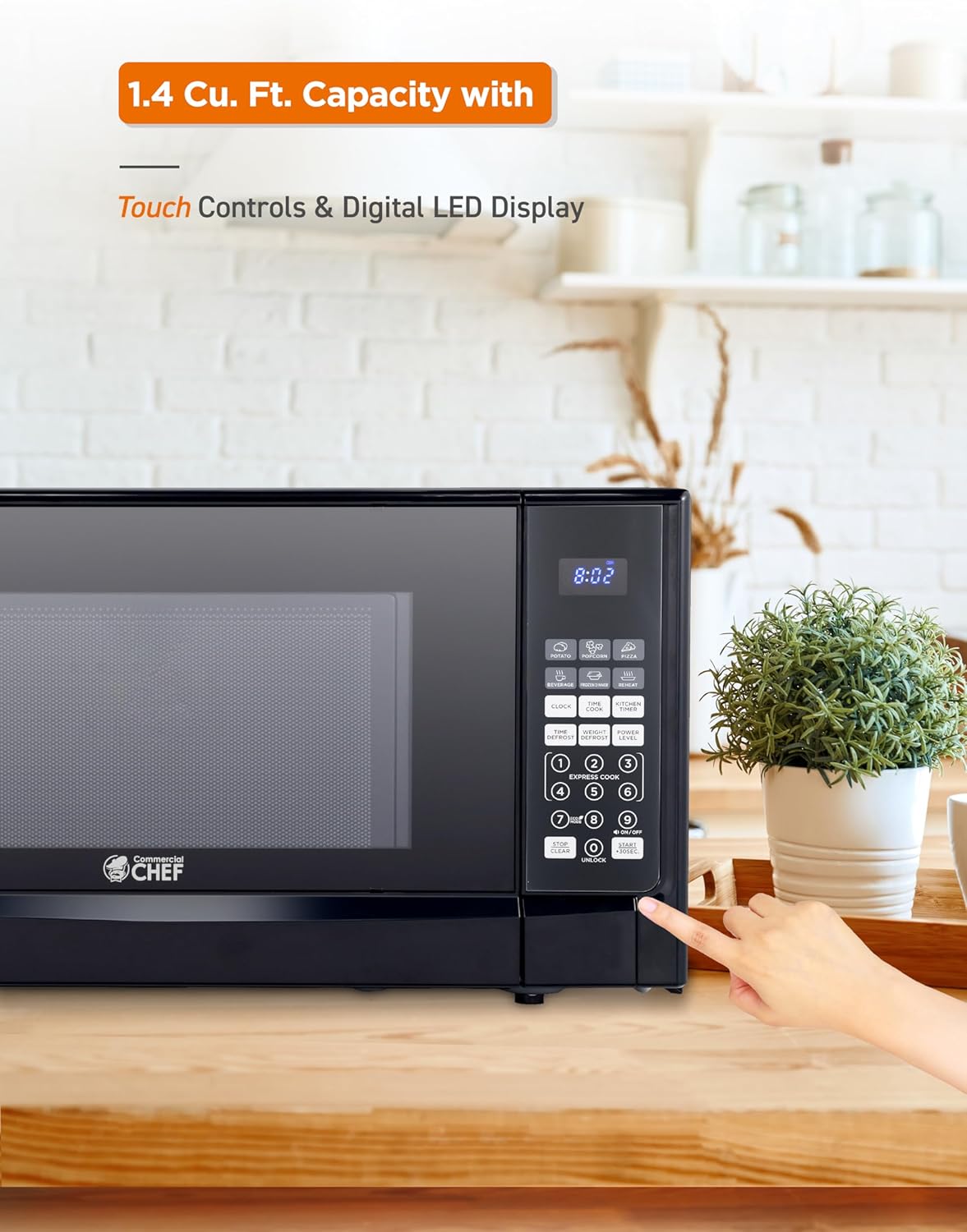 COMMERCIAL CHEF 1.4 Cubic Foot Microwave with 10 Power Levels, Small Microwave with Push Button, 1100 Watt Microwave with Digital Control Panels, Countertop Microwave with Timer, Black