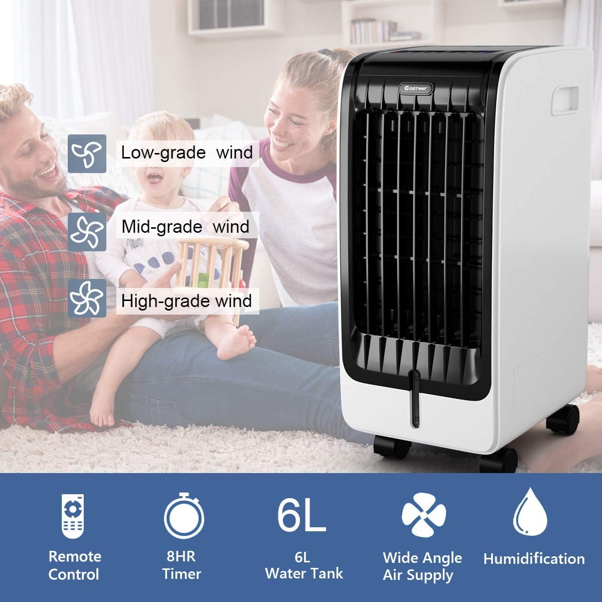COSTWAY Evaporative Cooler, Include Remote Control, 2 Ice Packs, Portable Bladeless Fan with 3 Modes, 3 Speeds, 8H Timer, LED Display, Air Cooler for Indoor Use, Bedroom (Black)