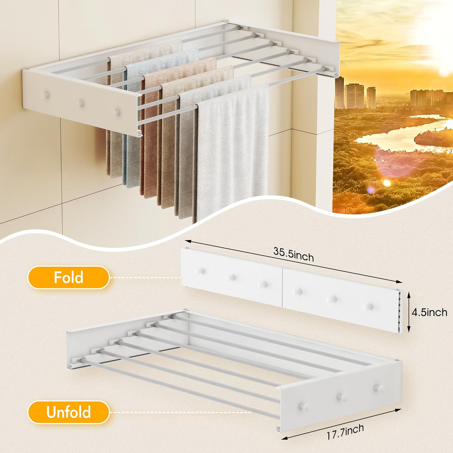 Upgrade Drying Rack Clothing,Clothes Drying Rack Wall Mounted,Laundry Drying Rack Wall Mount,Foldable,Collapsible,Retractable,6 Aluminium Poles,with Hooks,(White 35.5