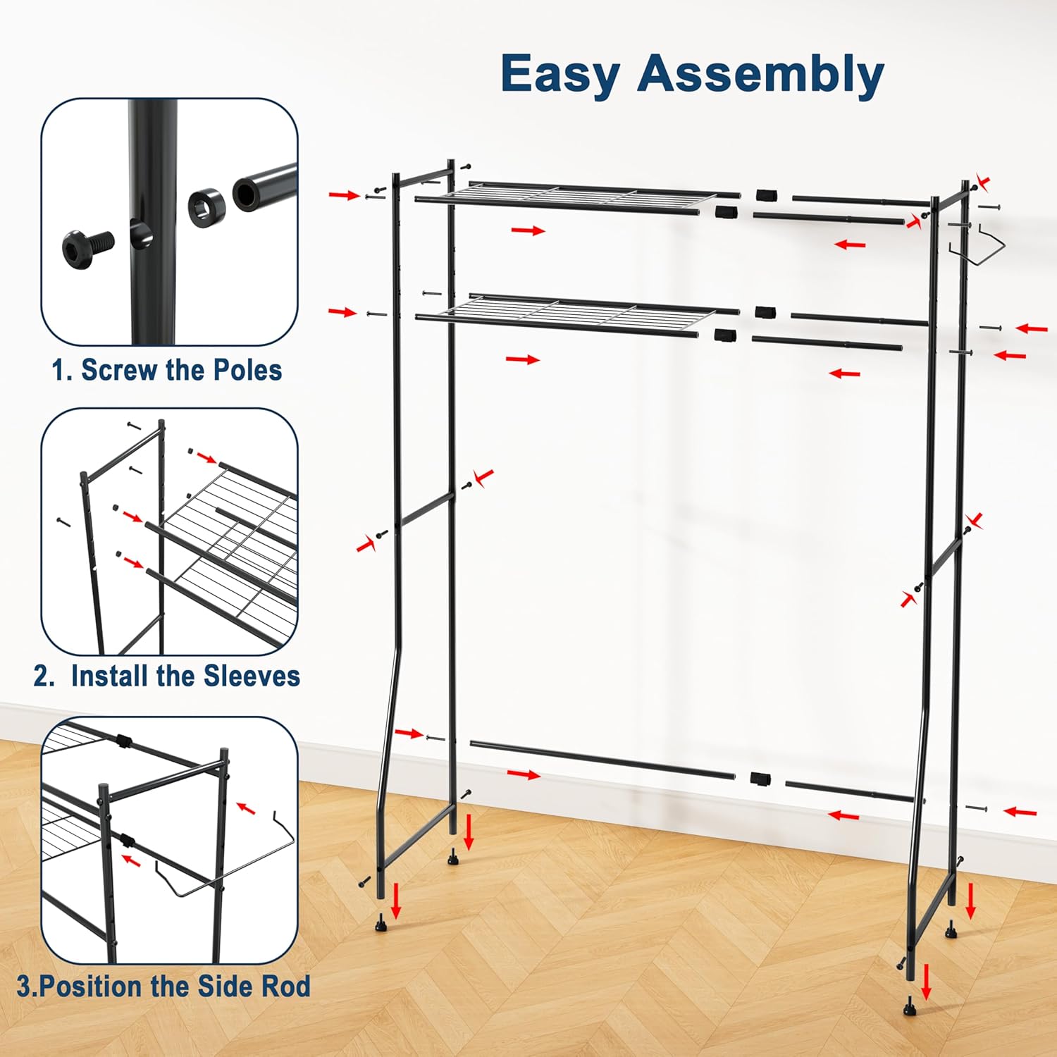 Laundry Room Storage Shelf & Organizer, 2 Tier Metal Over Washer and Dryer Shelves, Washing Machine Shelf with Hanger Rod, Expandable Bathroom Space Saver Shelf, 26–37