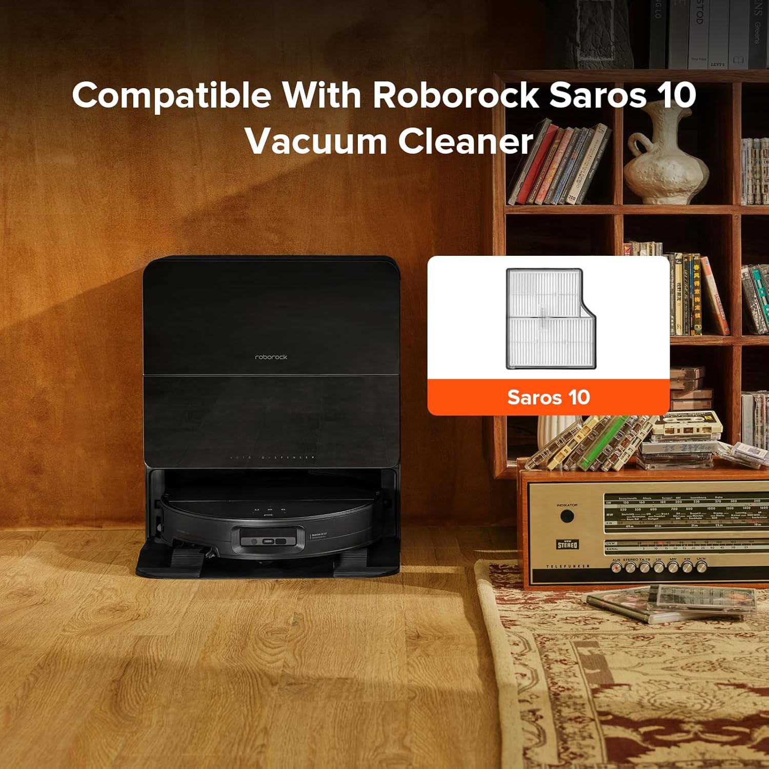 roborock Saros 10 Robot Vacuum and Mop Black with 2 Pack Washable Filters