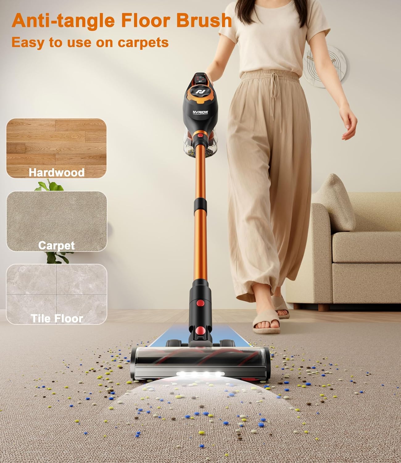 Cordless Vacuum Cleaner for Home, 45Kpa Stick Vacuum, Max 80mins Runtime, 1.5L Dust Cup, Rechargeable Lightweight Handheld Vacuum for Carpet/Hardwood Floor/Pet Hair/Car (Sunset Orange)