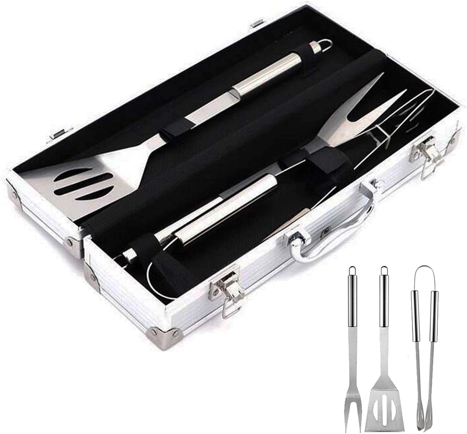 3Pcs BBQ Grill Cooking Utensils Tool Set Stainless Steel Barbeque Accessories -Tool Kit Tongs, Spatula Meat Fork with Portable Case for Cooking, Backyard Barbecue, Outdoor Cam