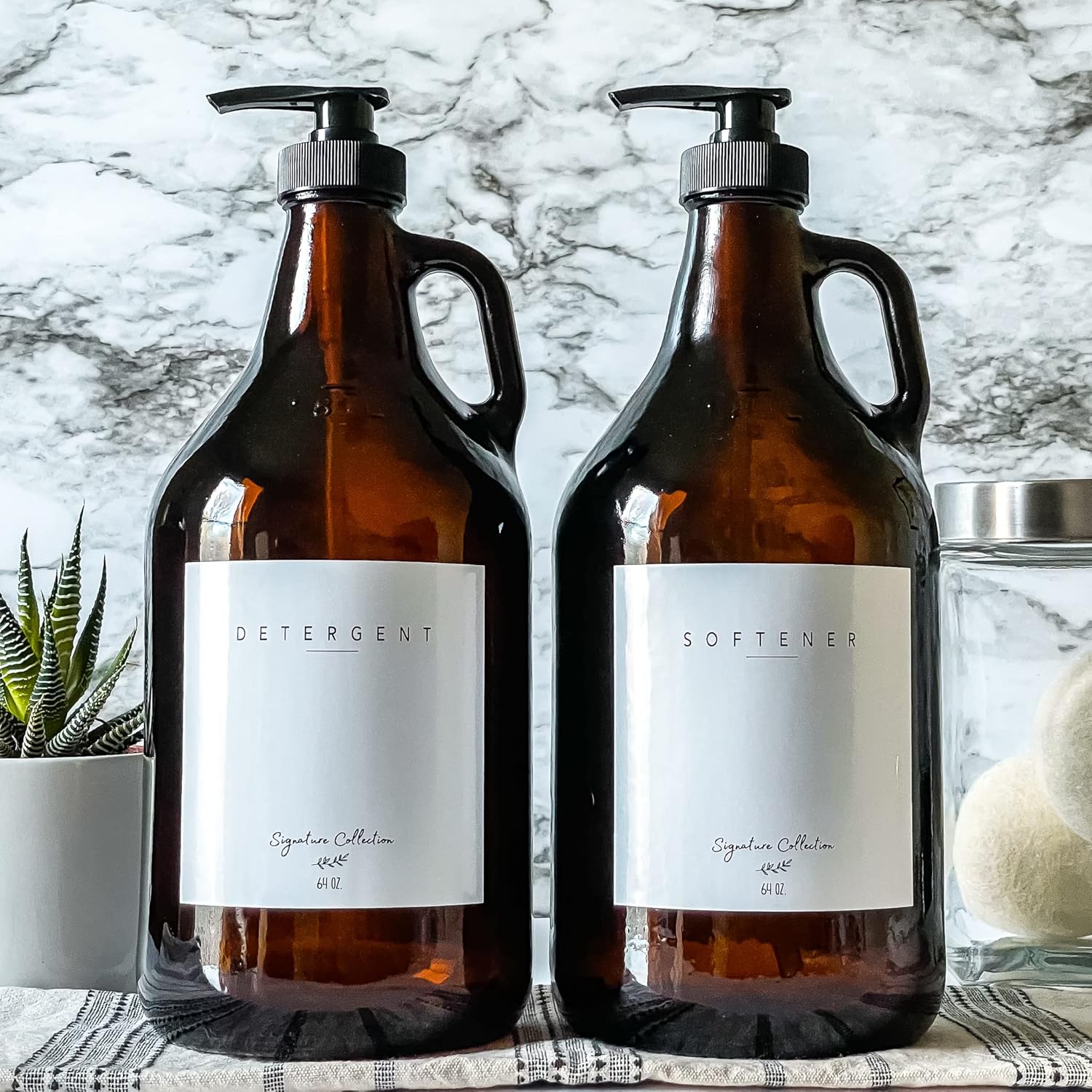 Laundry Detergent Dispenser for Laundry Room - Two Half Gallon Amber Glass Jugs, Fabric Softener Dispenser, Liquid Laundry Soap Dispenser and Bleach - 64 oz. Black Commercial Liquid Pump Dispenser