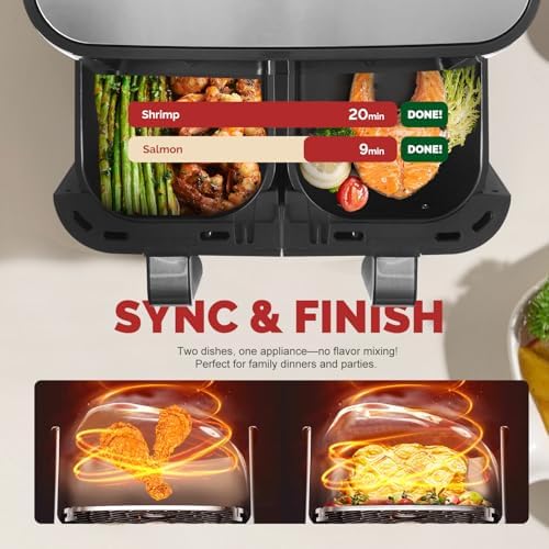 Upgraded Large 10QT Dual Air Fryer, Digital Touchscreen, Smart Sync Cook & Finish Function to Air Frying, Reheat, Bake, Double Baskets for Fresh Meals, Snack for Family and Children