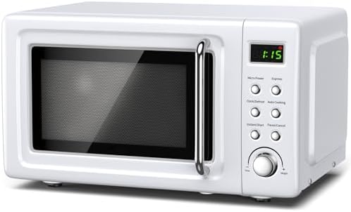 Moccha Retro Microwave, 0.7Cu.ft Compact Microwave, 700-Watt Countertop Microwave Ovens w/5 Micro Power, Delayed Start Function, LED Display, Child Lock, Small Microwave (White)