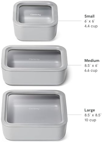 Caraway 3pc Glass Food Storage Set - 10, 6.6, & 4.4 Cup Containers - Ceramic Coated - Non-Toxic Non-Stick Lunch Box With Glass Lids - Dishwasher, Oven, & Microwave Safe - Gray