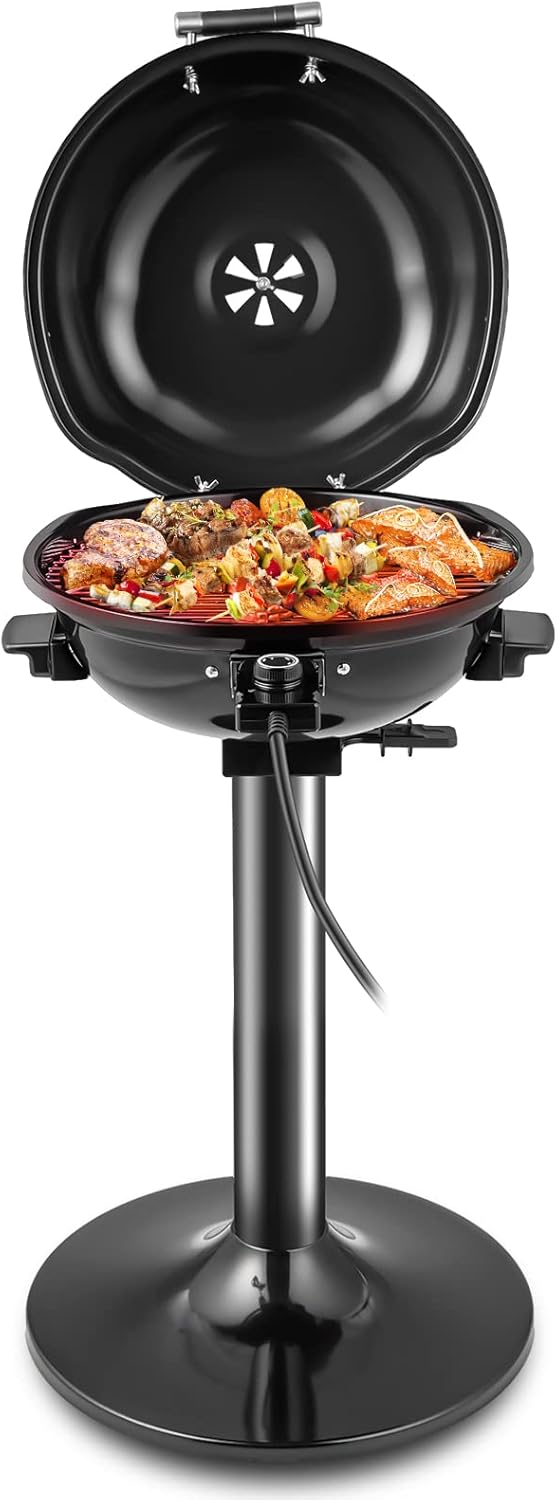 HAPPYGRILL 1600W Portable Electric Grill Outdoor BBQ Grill for 15-Serving, Electric Barbecue Grill for Indoor & Outdoor Use, Portable Stand BBQ Grill for Patio Balcony Kitchen Garden (Black)