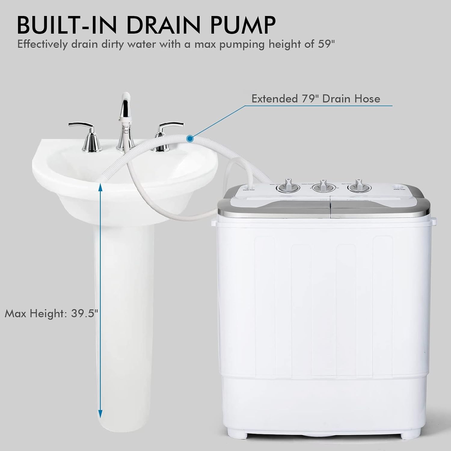 COSTWAY Portable Washing Machine, Twin Tub 13Lbs Capacity Washer 8Lbs and Spinner 5Lbs with Control Knobs, Timer Function, Drain Pump, Compact Laundry Washer for Home Apartment Dorms RV, Grey+White