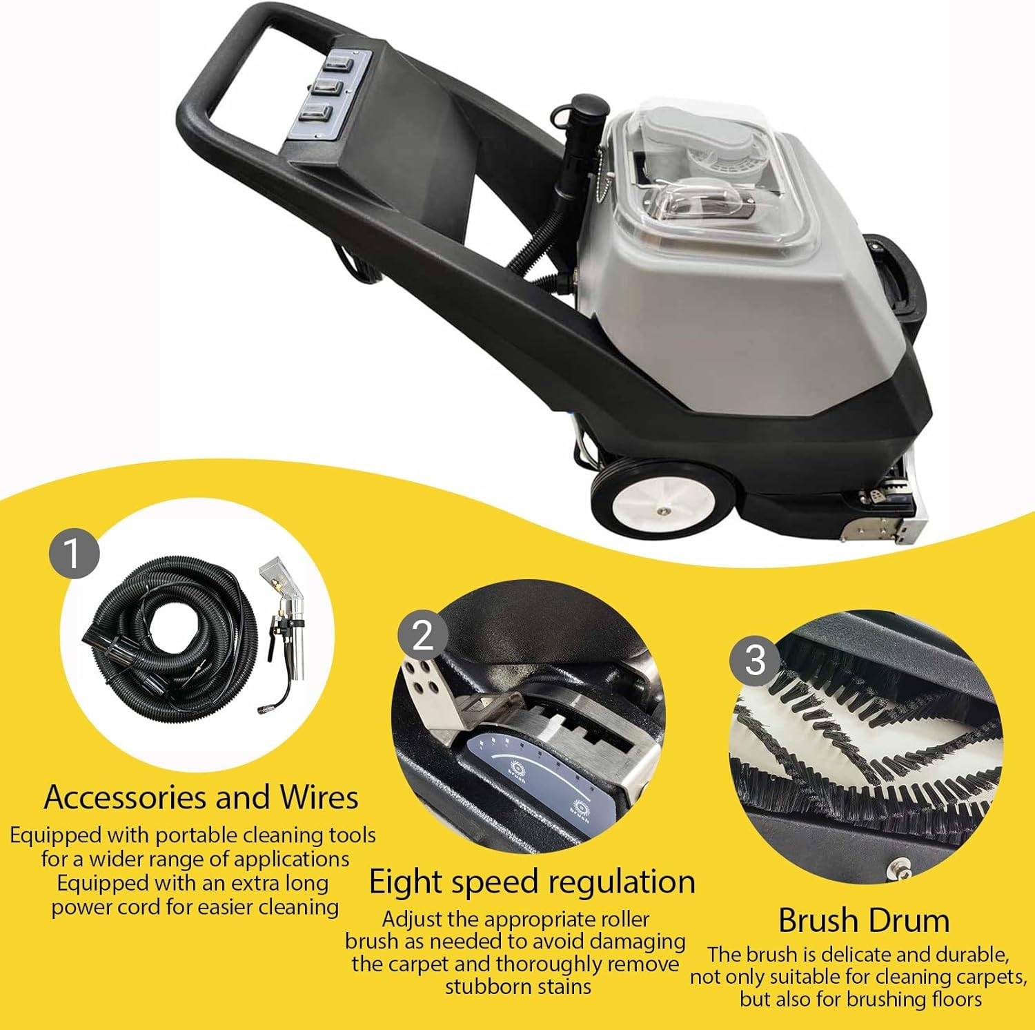 110V Commercial Carpet Cleaning Machine, 9 Gal/35L Double Water Tank Professional 3 in 1 Carpet Steamer, 2320W Hand Pushed Vacuum Extractor Cleaner