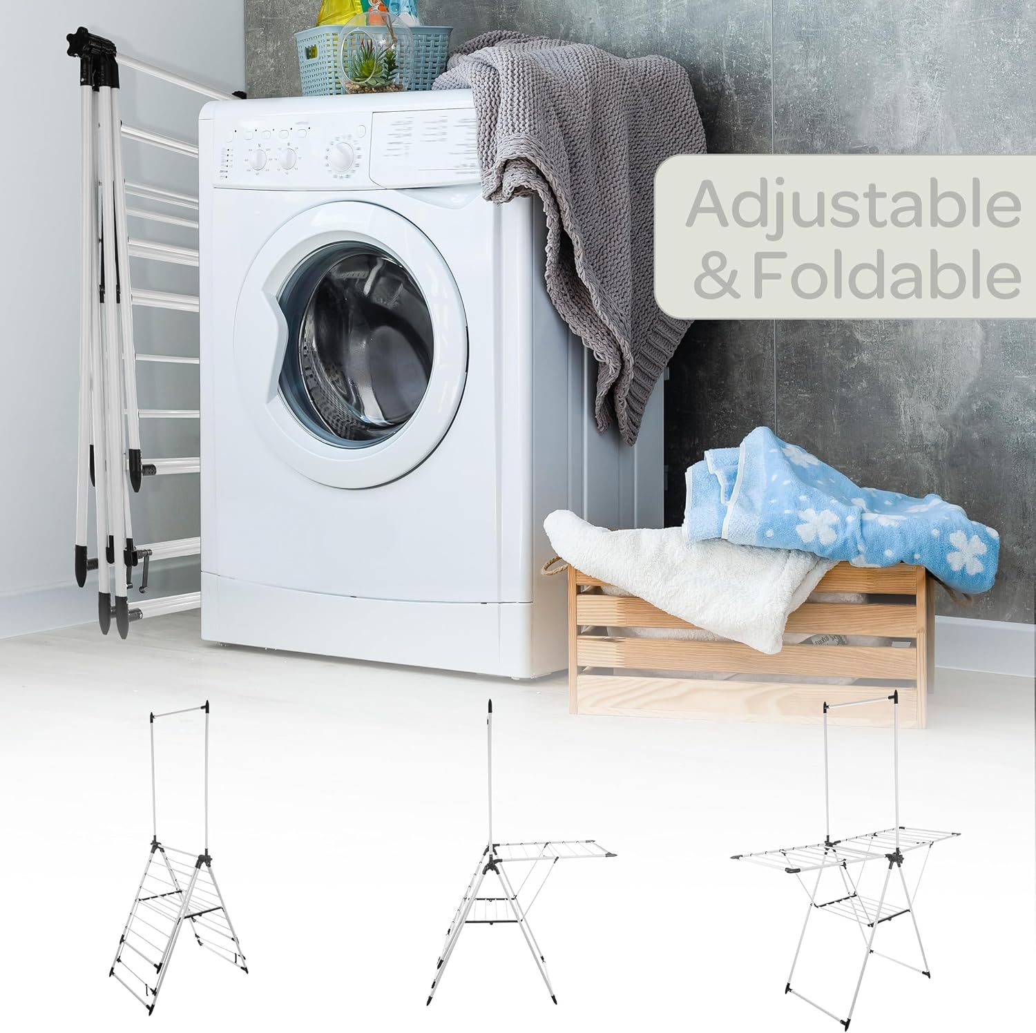 Clothes Drying Rack - 2-Level Laundry Drying Rack with 24 Drying Rails, Hanging Bar, and 2 Height-Adjustable Wings - Indoor/Outdoor Foldable Drying Rack by Home-Complete (White)