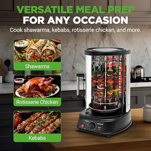 NutriChef Vertical Rotating Shawarma Oven - Rotisserie, Shawarma, & Kebab Machine - Stain-Resistant, Energy-Efficient - Heat-Resistant Door - Includes Kebab Rack with 7 Skewers - Stainless Steel
