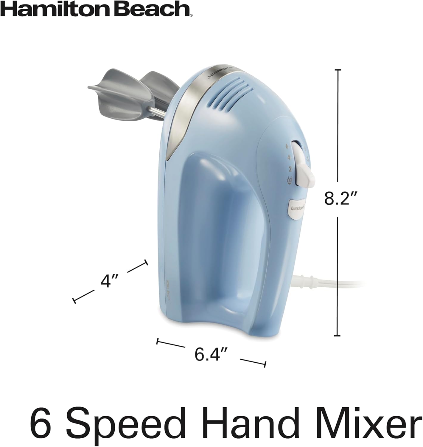Hamilton Beach 6-Speed Electric Hand Mixer with Whisk, Dough Hooks and Easy Clean Beaters, Powerful 275 Watt Motor, Snap-On Storage Case, Blue
