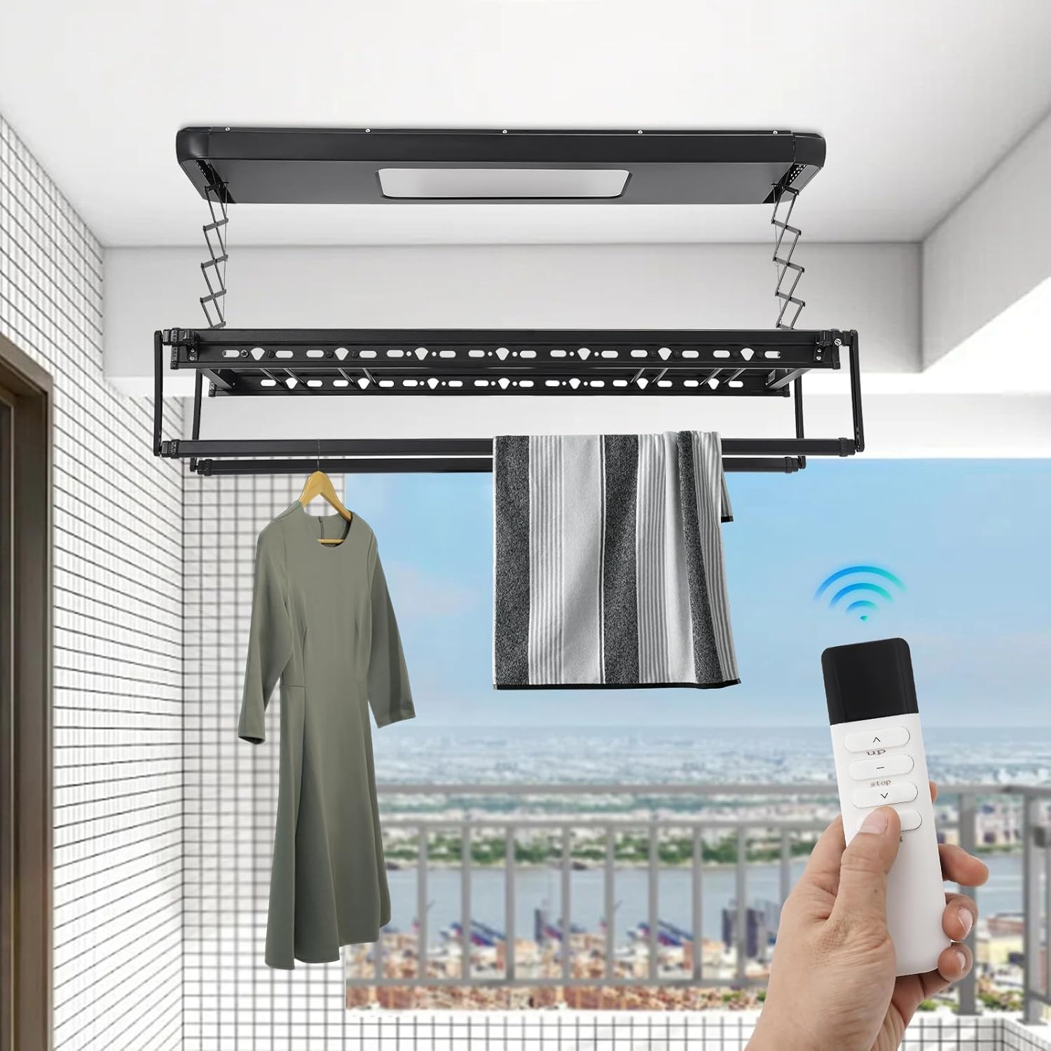 Electric Retractable Airing Rack, Ceiling Mounted Clothes Drying Rack, Retractable Clothesline, Vertical Laundry Drying Rod with LED Light & Remote, 110V 24W, Black