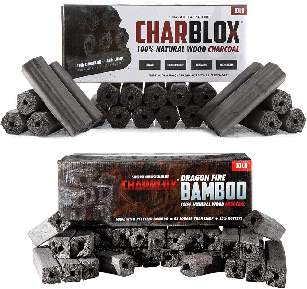 Dual Pack CHARBLOX Classic/Dragon Fire Bamboo Charcoal Logs - 100% Natural, Sustainable, Grilling/BBQ/Smoker/Big Green Egg/Kamado/Ceramic Grill/Kettle Grill/Robata, Thai/Binchotan Alternative (20LB)
