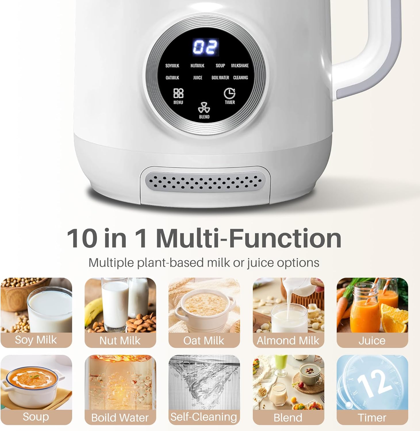 10 in 1 Nut Milk Maker Blender, 40OZ Automatic Homemade Soy Milk Maker Machine for Oat Milk, Nutmilk, Juice, Grains, Almonds Milk Maker with Delay Start/Keep Warm/Boil Water, White