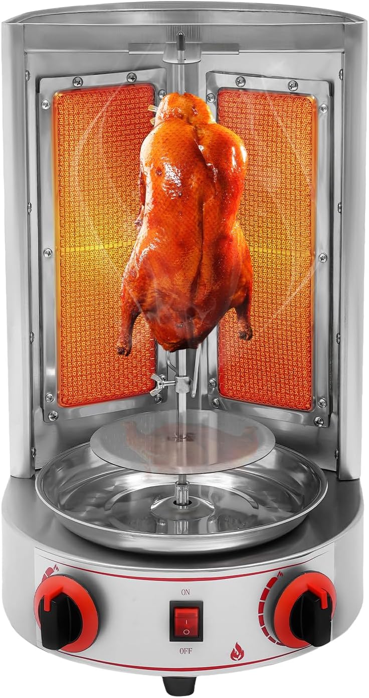 110v Homemade Chicken Commercial Shawarma Machine Kebab Grill Gyro Rotisserie Gas Propane Vertical Broiler with 2 Burners Stainless Steel Body for Restaurant Dinner Home Kitchen