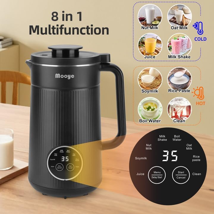 8 in 1 Nut Milk Maker Machine with 10 Blades, 35oz Automatic Soybean Milk for Homemade Almond, Oat, Soy, Plant-Based Milks Blender with Self-Cleaning, 2H Keep Warm, 12H Delay Start, Boil Water