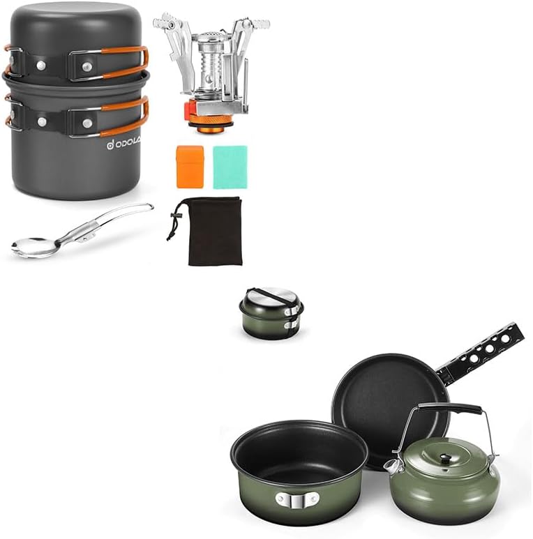 Odoland Bundle - 2 Items 6pcs Camping Cookware Mess Kit and 5pcs Camping Cookware with Kettle