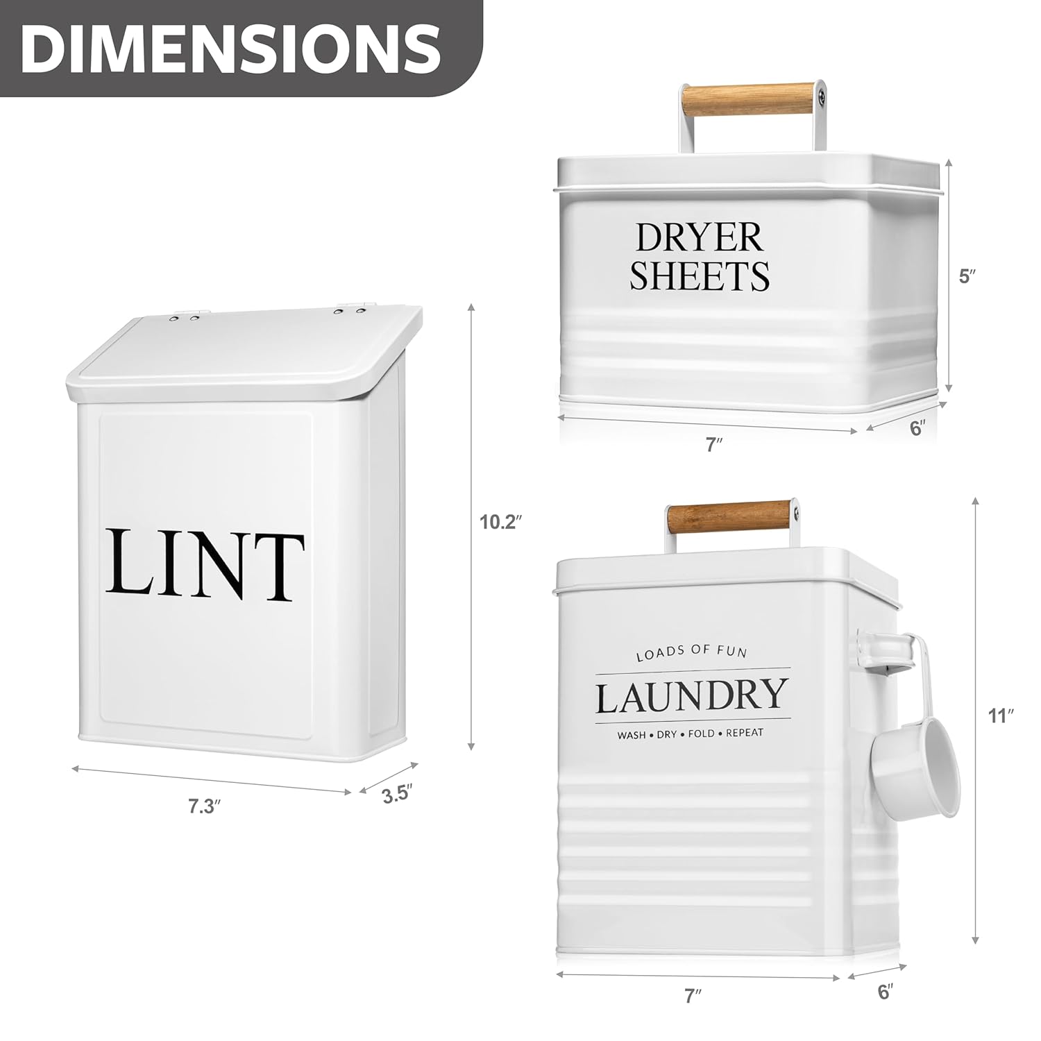 Calindiana Modern Farmhouse Laundry Storage Bin, Dryer Sheets Holder & Powder Pods Container Bundle, White, Tin & Wood, 7.3L, Indoor, Laundry Room Organization