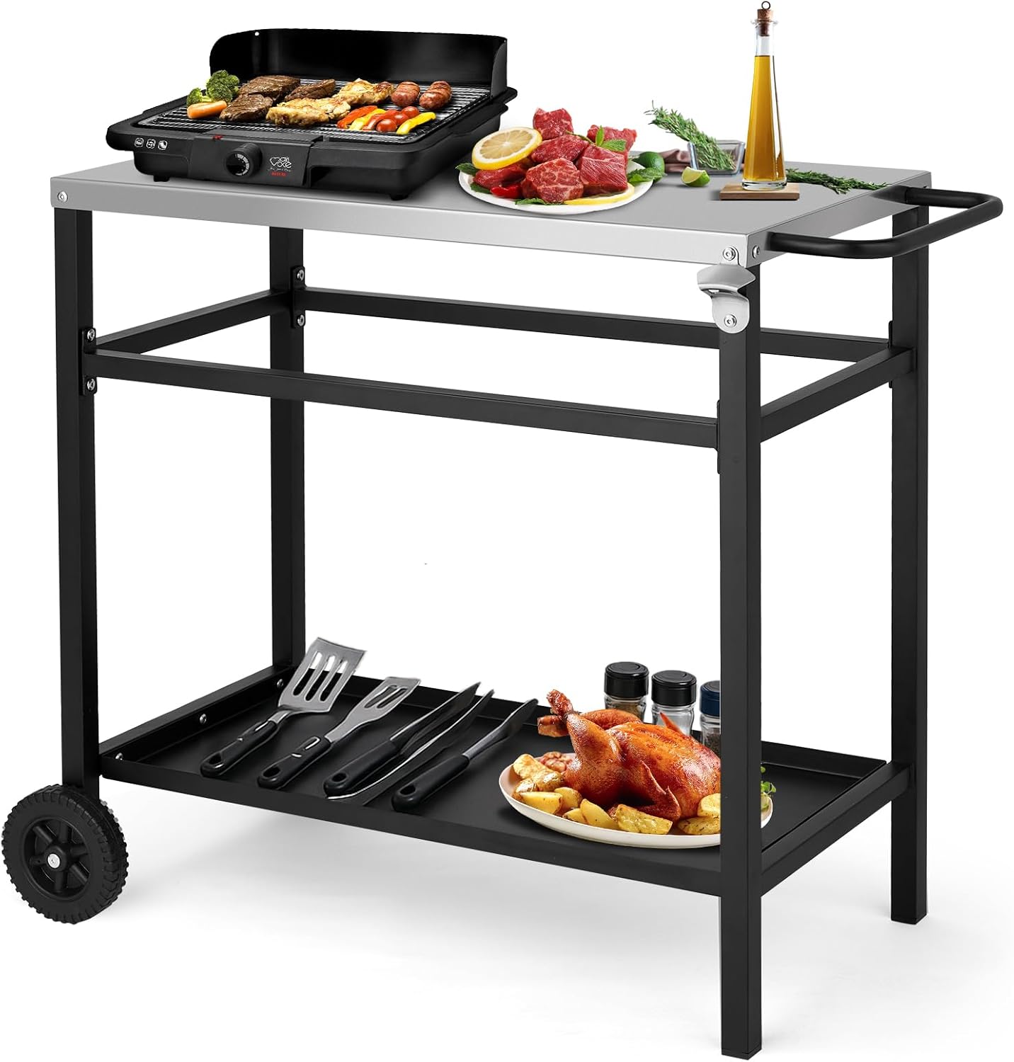 ROVSUN Upgraded Grill Dining Cart Table, Stainless Steel Bar Table Top, Movable Kitchen Island Stand for Outdoor Food Prep, Pizza Oven, Charcoal Accessories, Patio, Garden, Parties