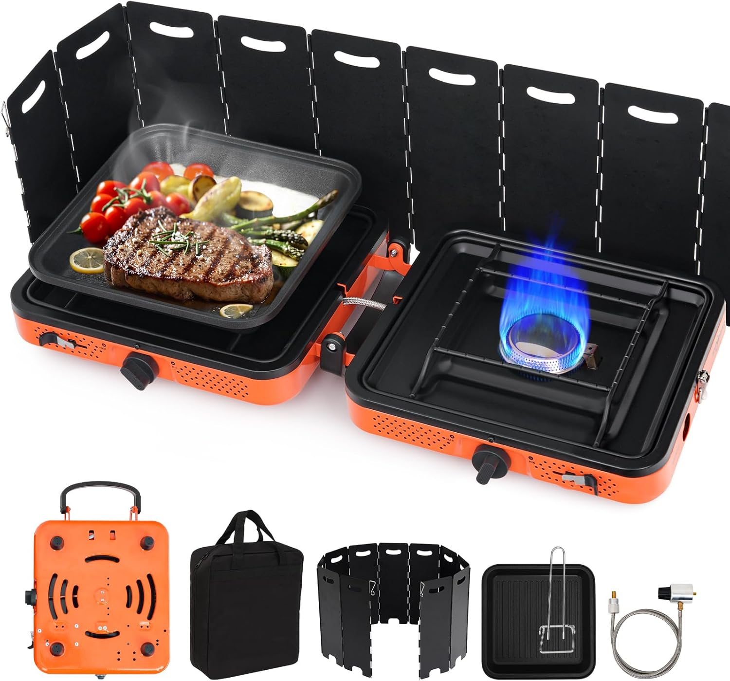 SHINESTAR Portable Camping Stove with Windshield, 17000 BTU 2 Burner Propane Stove, Foldable Camp Stove for Camping, Outdoor Cooking, RV Trips, or Emergencies