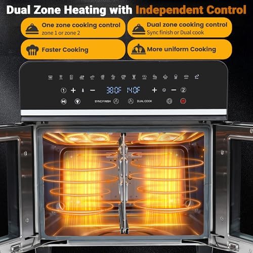 24Qt Large Air Fryer Toaster Oven Combo - French Double Door Airfryer, 15 Cooking Functions Touch Dual Zone Independent Control Electric Oven, Stainless Steel Air Fryers Oven 13 Accessories & Cookbook