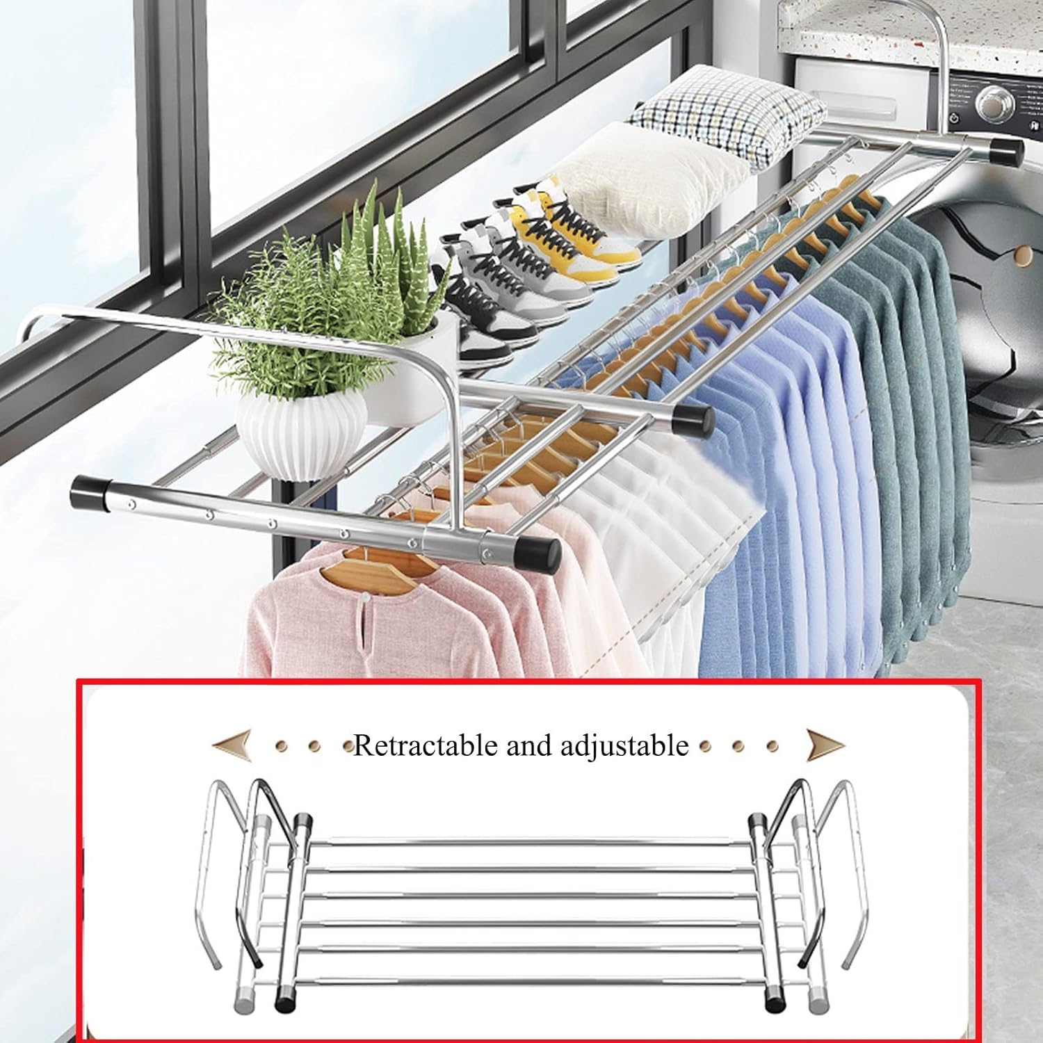 Clothes Airer Balcony Drying Rack Stainless Steel Clothes Dryer Folding Shoes Rack, Foldable Portable Space Saving Clothes Drying Rack, Extendable Clothing Dryer Rack, Si(Silver-60)