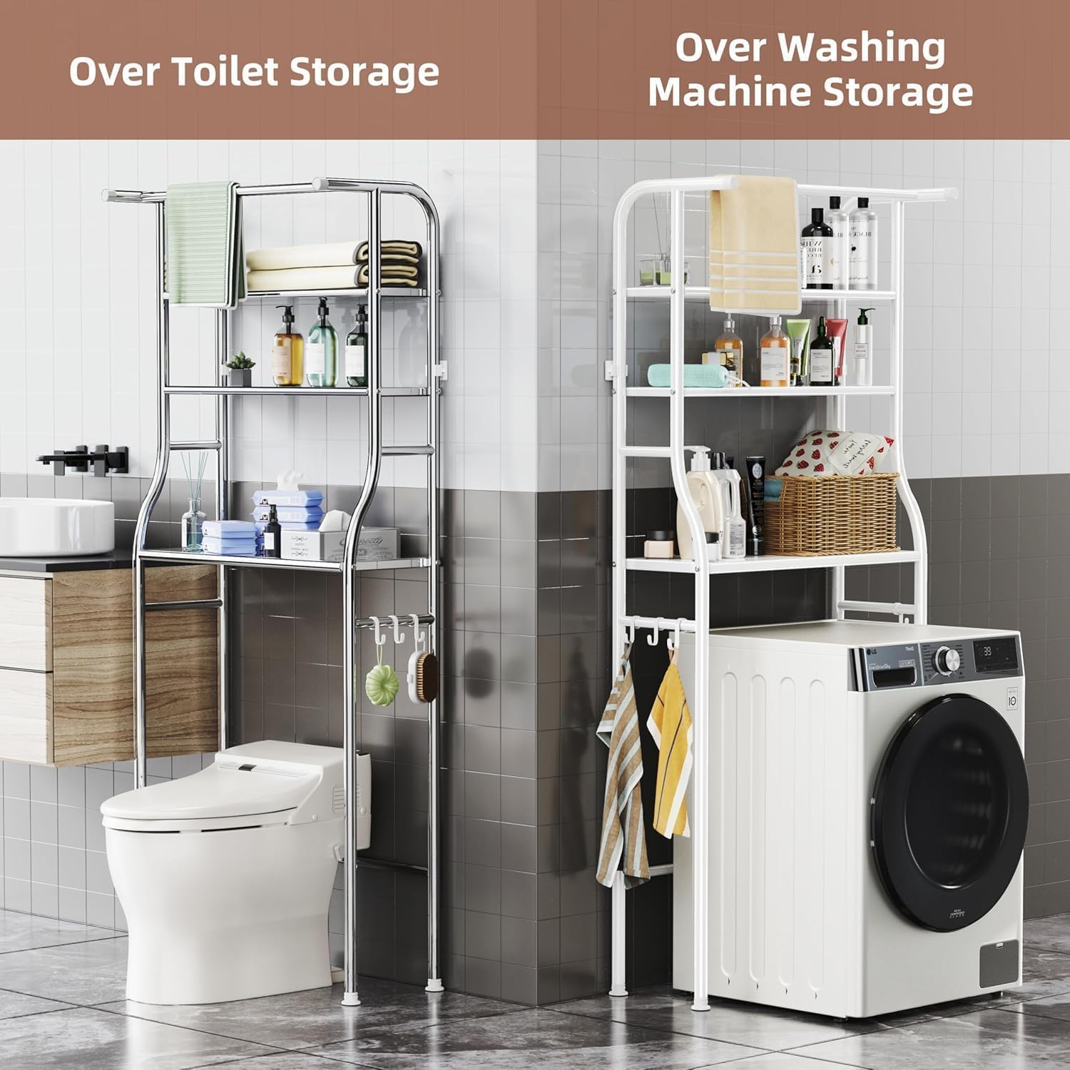 Over The Washer and Dryer Storage Shelf, 3 Tier Laundry Room Metal Drying Rack with Towels Hangers, Space Saver Organizer for Hanging Clothes and Towels (Metal White FA1)