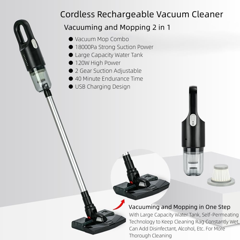 Cordless Stick Vacuum Cleaner and Mop All in One, 18000Pa Suction Cordless Wet Dry Vacuum Cleaner with Water Tank, Household Upright Vacuum Cleaner and Mop Combo for Hard Floor Pet Hairs (Black)