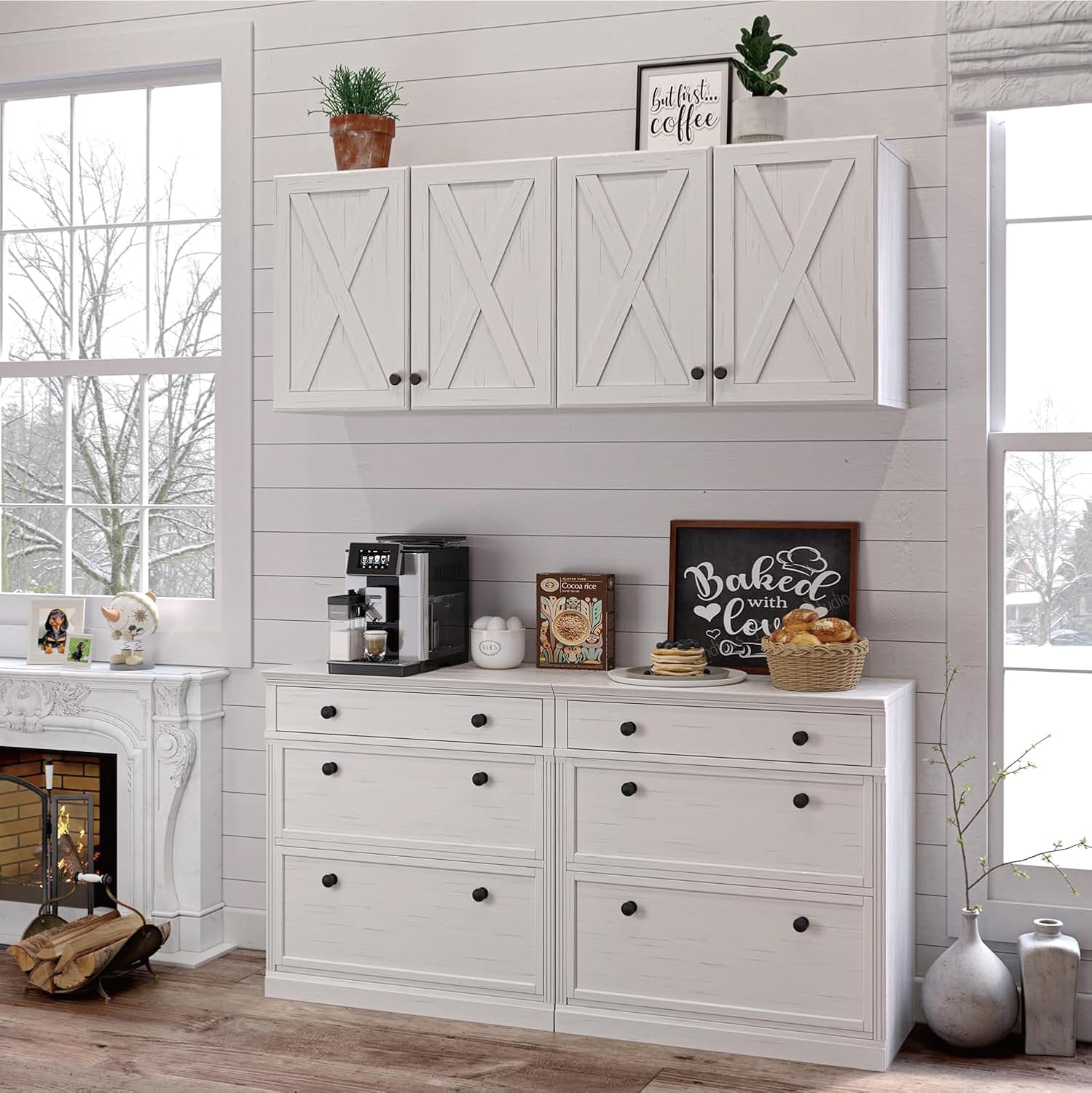 Wall Storage Cabinets - Farmhouse Kitchen Laundry Wall Mounted Cabinets with 4 Doors and Shelves, in White with Grain, 24'Wx2Pcs