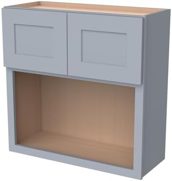 Solid Wood RTA Wall Microwave Cabinet with Open Shelves – Shaker Style, Space-Saving Kitchen Pantry Storage, Durable and Versatile Wall-Mounted Organizer (SK-Grey, 30