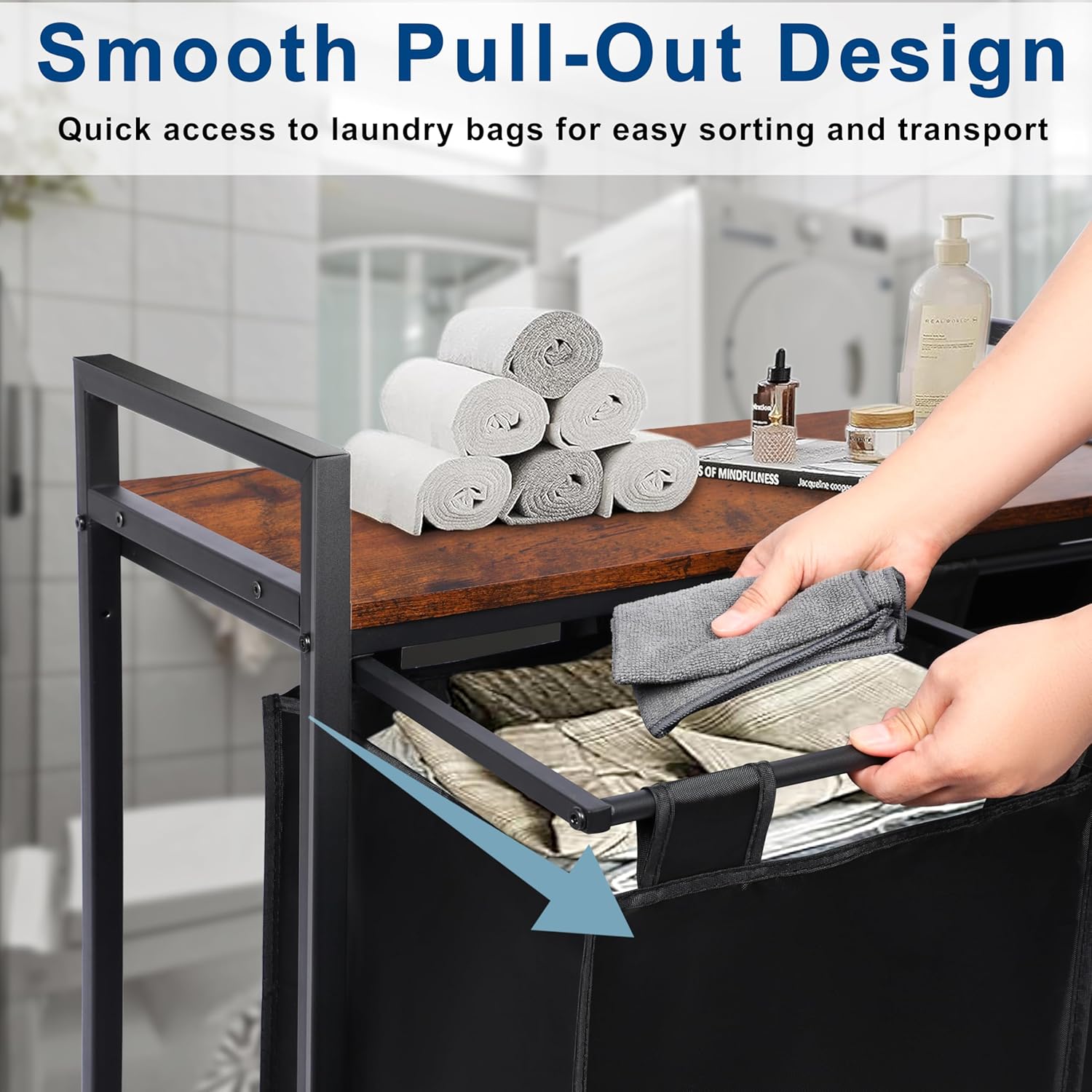 Whitmor Laundry Sorter, 92L Laundry Hamper with Shelf & 2 Removable Bags, 2 x 12.1 Gallons (46L), 28.8 x 13 x 28.4 Inches, Dirty Clothes Hamper Organizer for Laundry Room, Bathroom, Dorm, Black