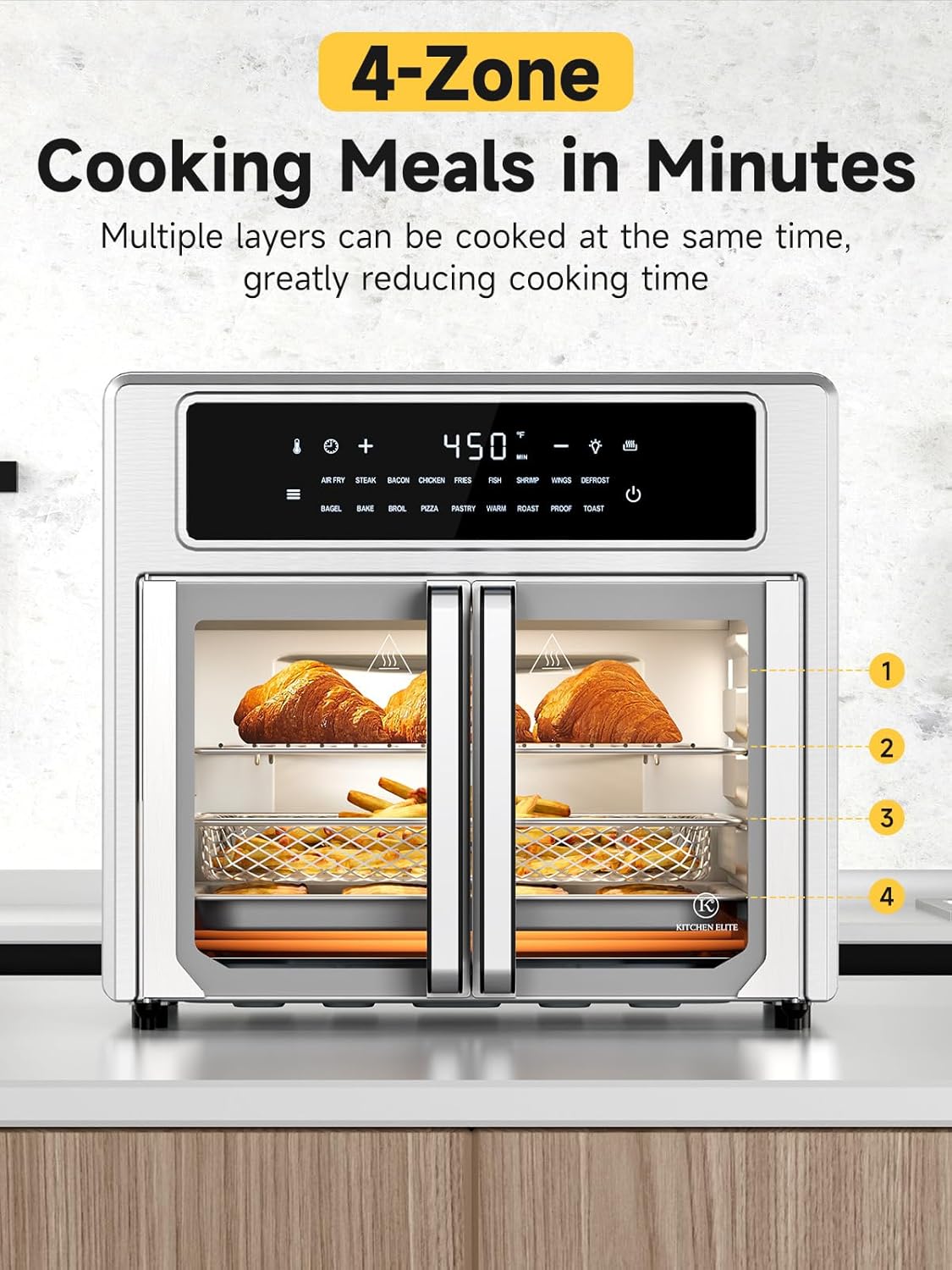 Kitchen Elite®Air Fryer French Door Oven,26.4 Qt Easy Cleanup & Use Large Countertop Toaster Oven Combo,18 Presets & 1 Preheat & 1 Light,Multi-Layer Cooking,4 Accessories,Stainless Steel