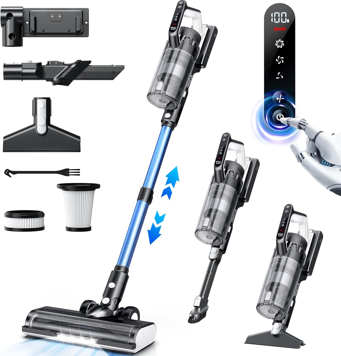 Cordless Vacuum Cleaner, 23000pa Powerful Lightweight Stick Vac with LED Headlights, 45min Runtime, 3 Modes, Removable Handheld Vac with HEPA Filter for Carpet, Hard Floor, and Pet Hair (Blue)