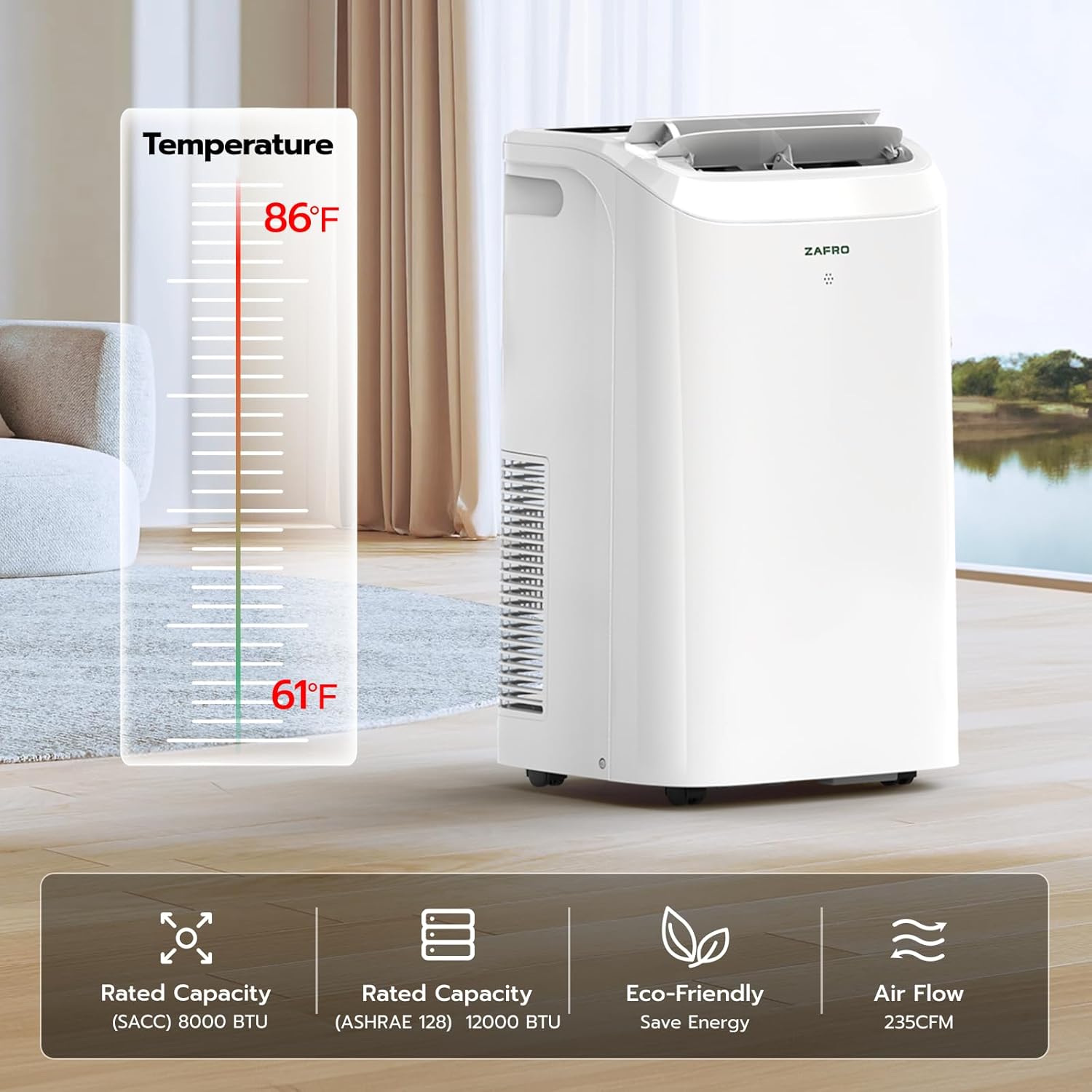 ZAFRO Portable Air Conditioners 12,000 BTU (8000 BTU SACC),44dB Quiet Cooling, WiFi/App Control, 24h Timer with Fan & Dehumidifier, for Bedroom, Office, Adjustable Design, Easy Installation