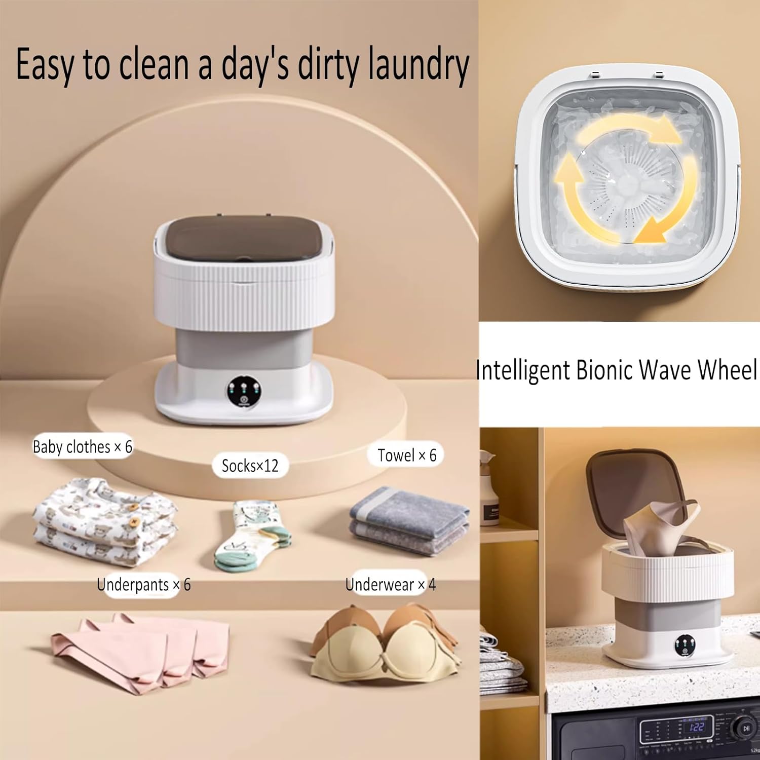 Portable Washing Machine Foldable, Mini Washer 12l High Capacity, with Soft Spin Dry, for Underwear, Baby Clothes, or Small Items (Color : Beige)