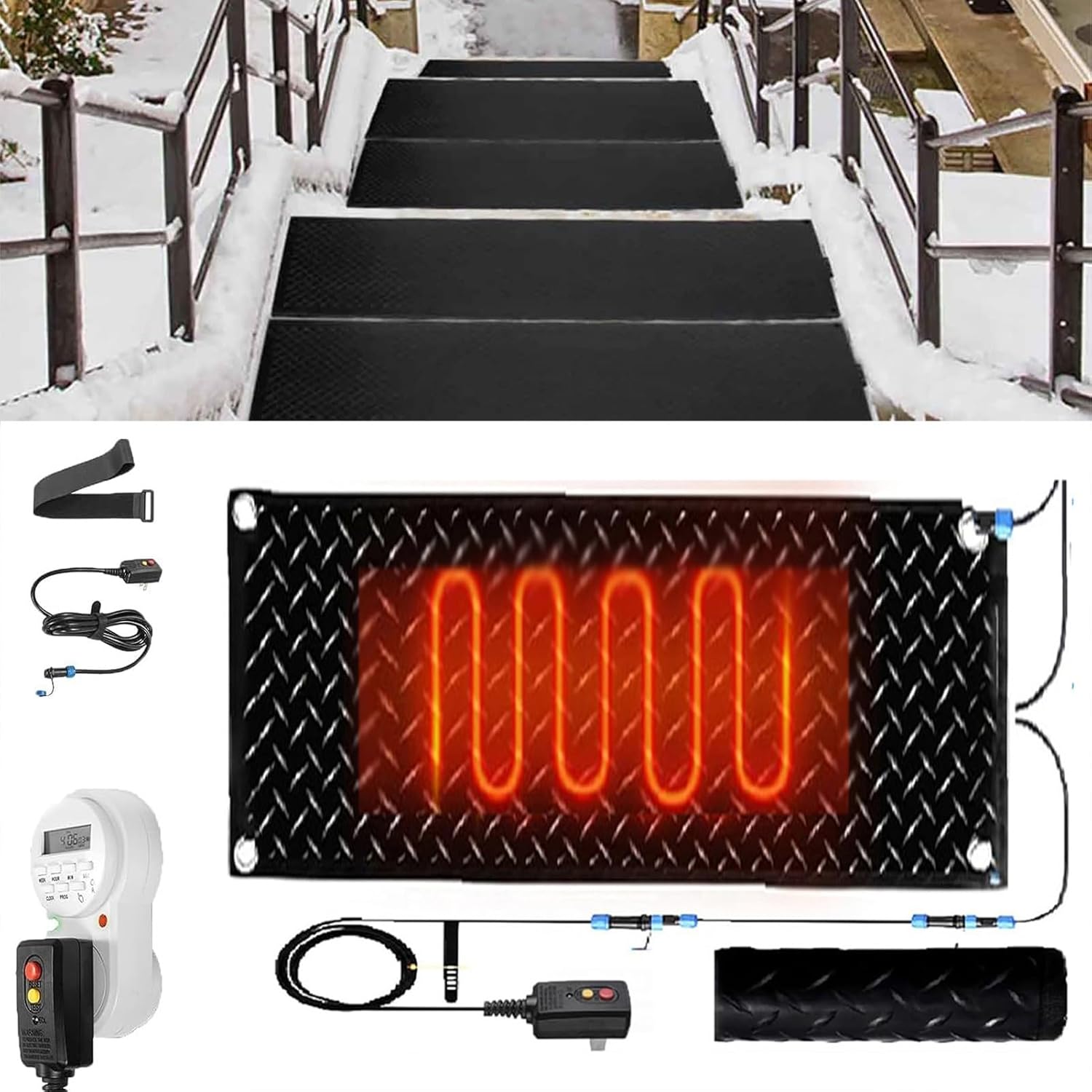 Snow Melting Mat with Timer, 1/2/3/4/5 Pcs Heated Walkway Mat, Rubber Heated Mat with Power Cord, Snow and Ice Melting Mat,No-Slip Heating Entrance Mats for Winter Outdoor Stairs(1 Pcs,12x36in
