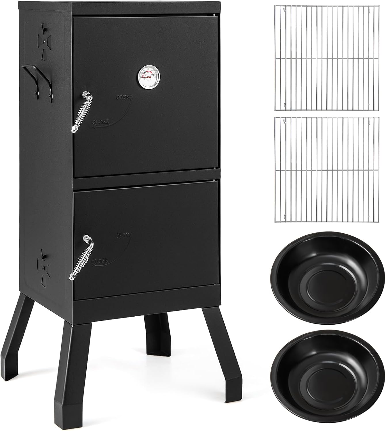 Giantex Outdoor Smoker with Double Doors, 2 Detachable Grill Netting Smoking Racks, Charcoal Pan & Water Pan, 4 Air Vents, Thermometer, Vertical Charcoal Smoker for Barbecue Camping Backyard Grill
