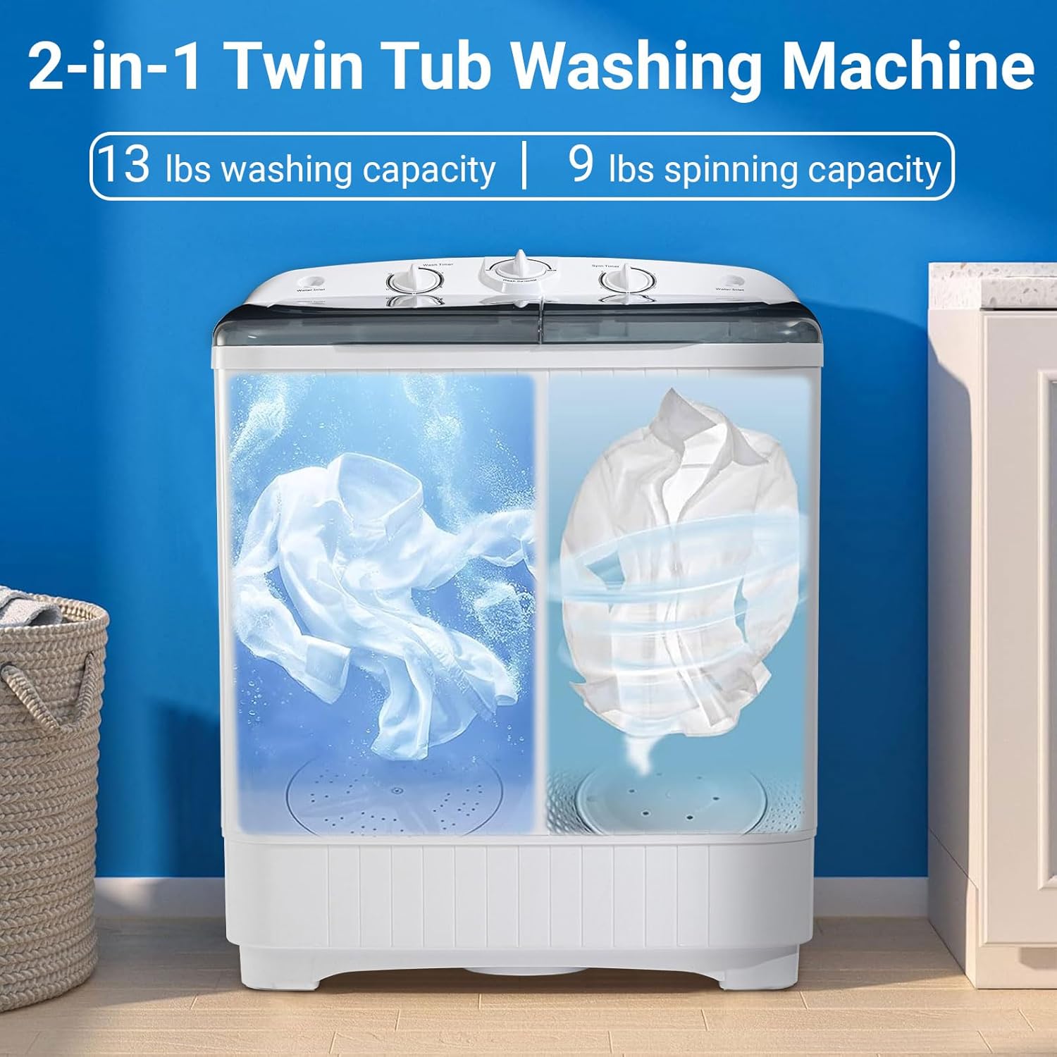 2-in-1 Portable Twin Tub Washing Machine, 13lbs Wash 9lbs Spin Capacity, Compact Laundry Washer and Spin Dryer Combo for Apartment, Dorm, RV, Camping