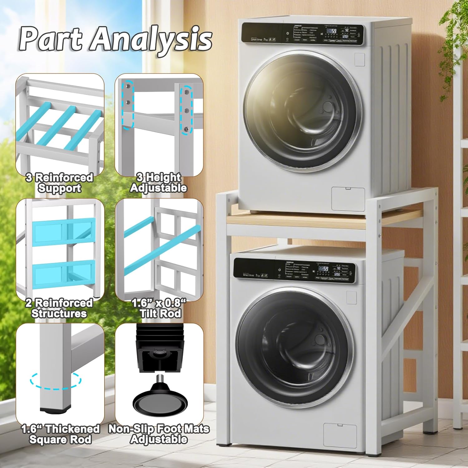 Over The Washer and Dryer Storage Shelf, Widen & 3 Height Adjustable Stacking Rack, Space Saver Washer Dryer Stacking Kit, Thicker Metal Washer Shelf for within 29.5