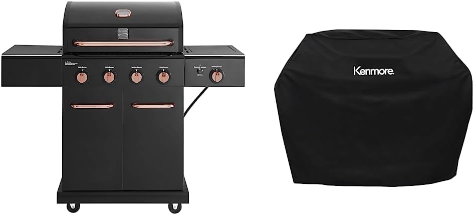 Kenmore 4 Burner Cabinet Style Propane Gas BBQ Grill with Searing Side Burner, 52000 Total BTU, Black and Copper | Kenmore Grill Cover for Outdoor Grill, 56 Inch, Waterproof